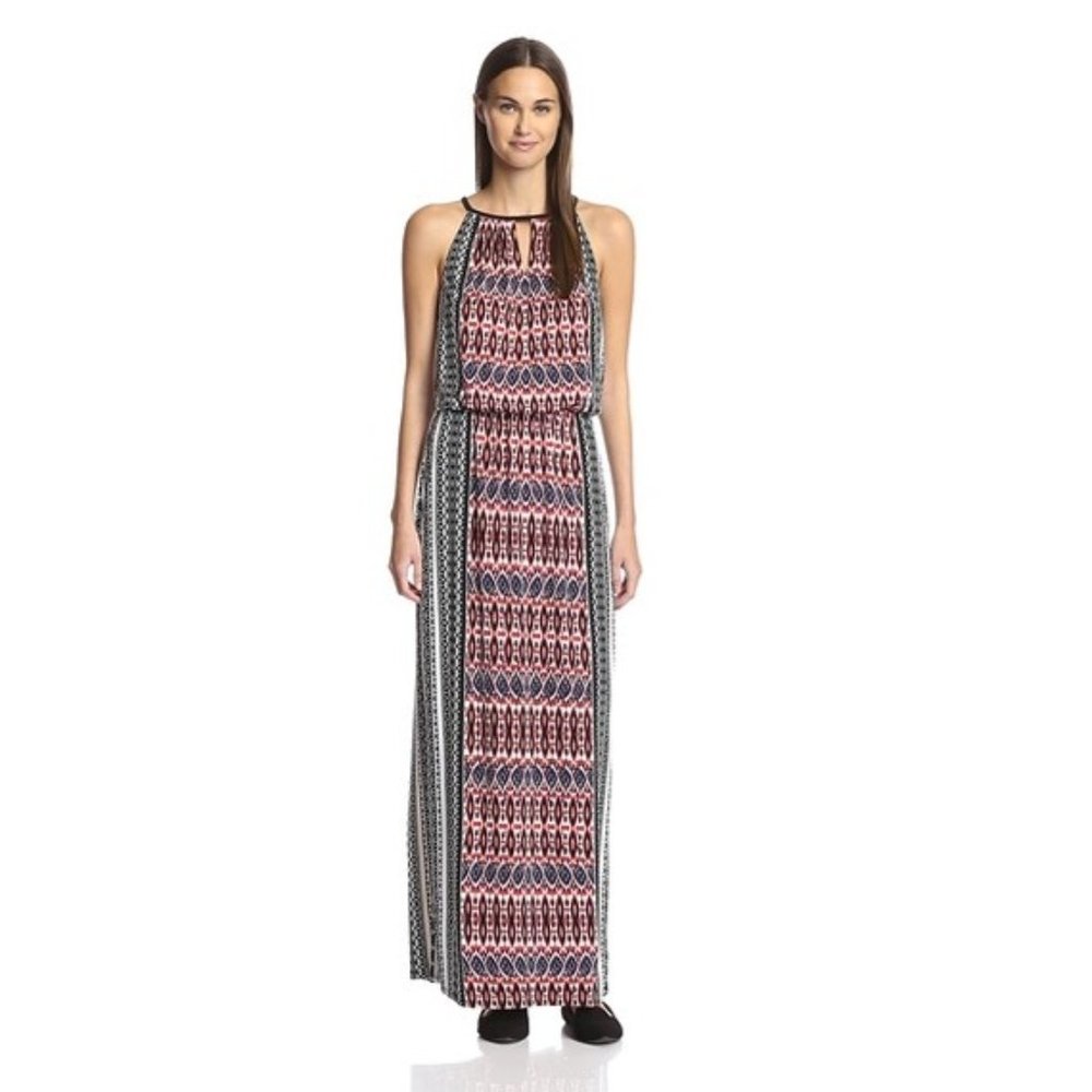 London Times Red Black White Print Halter Stretchy Maxi Dress Sundress Sz 8 EUC